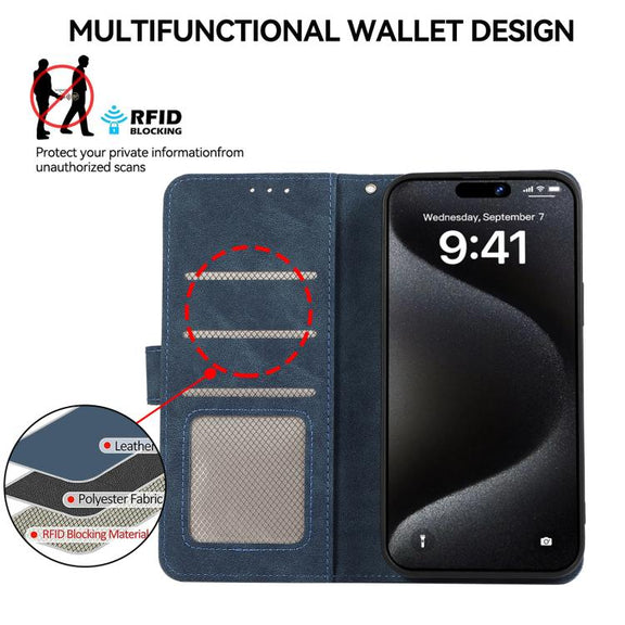 For iPhone 17 ABEEL Color Block Magnetic RFID Leather Phone Case(Blue-Brown)