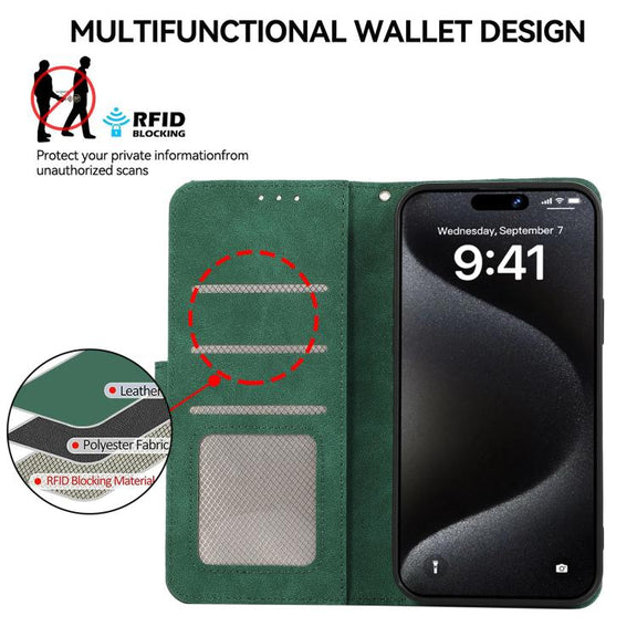 For iPhone 17 ABEEL Color Block Magnetic RFID Leather Phone Case(Green-Black)