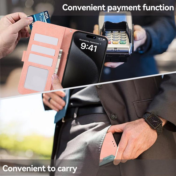 For iPhone 17 Air ABEEL Color Block Magnetic RFID Leather Phone Case(Pink-Cyan)