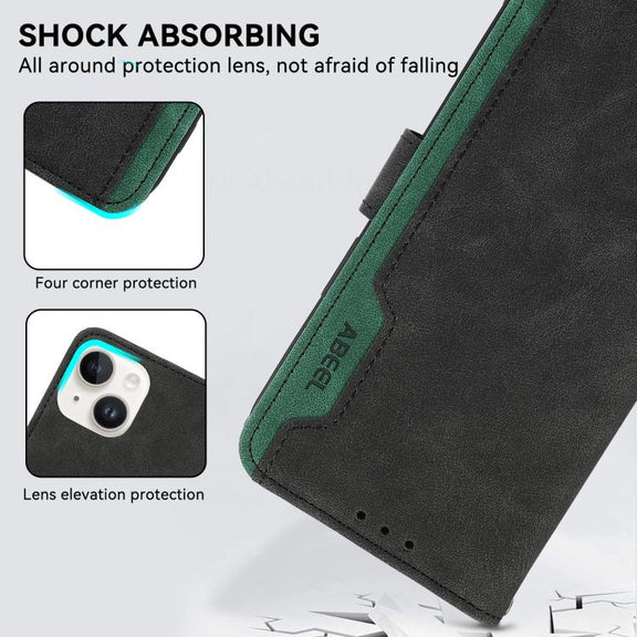 For iPhone 17 Air ABEEL Color Block Magnetic RFID Leather Phone Case(Black-Green)
