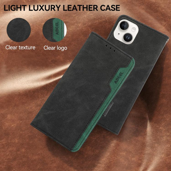 For iPhone 17 Air ABEEL Color Block Magnetic RFID Leather Phone Case(Black-Green)
