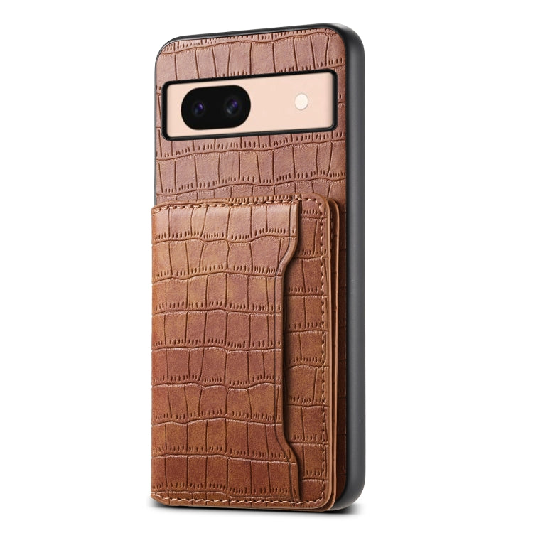 For Google Pixel 8a Crocodile Texture Card Bag Design Full Coverage Phone Case(Brown) - Google Cases by PMC TechLife | Online Shopping South Africa | PMC TechLife | Buy Now Pay Later Mobicred