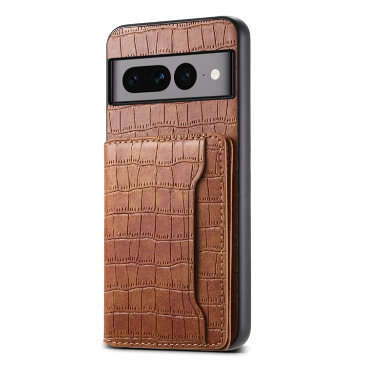 For Google Pixel 7 Pro 5G Crocodile Texture Card Bag Design Full Coverage Phone Case(Brown) - Google Cases by PMC TechLife | Online Shopping South Africa | PMC TechLife | Buy Now Pay Later Mobicred