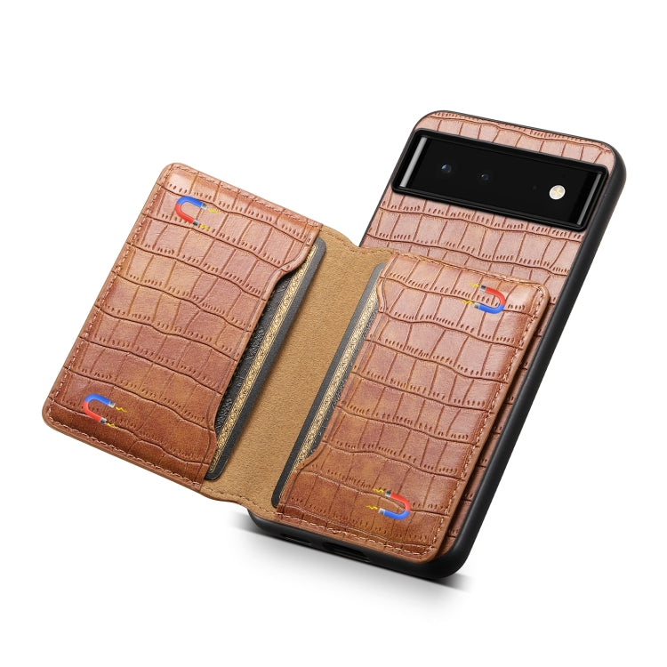 For Google Pixel 6 Crocodile Texture Card Bag Design Full Coverage Phone Case(Brown) - Google Cases by PMC TechLife | Online Shopping South Africa | PMC TechLife | Buy Now Pay Later Mobicred