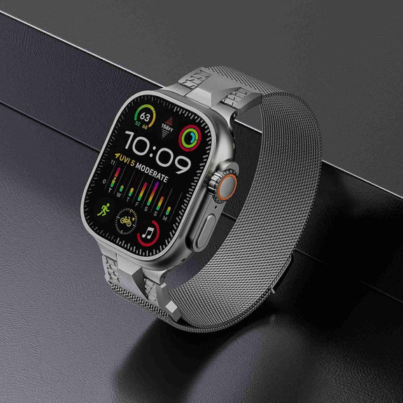 For Apple Watch SE 2023 44mm Mecha Style Milanese Metal Watch Band(Titanium Silver)