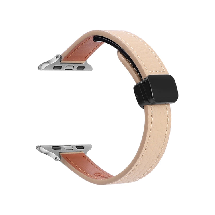 For Apple Watch SE 2023 44mm Slim Magnetic Buckle Genuine Leather Watch Band(Litchi Apricot) - Watch Bands by PMC TechLife | Online Shopping South Africa | PMC TechLife