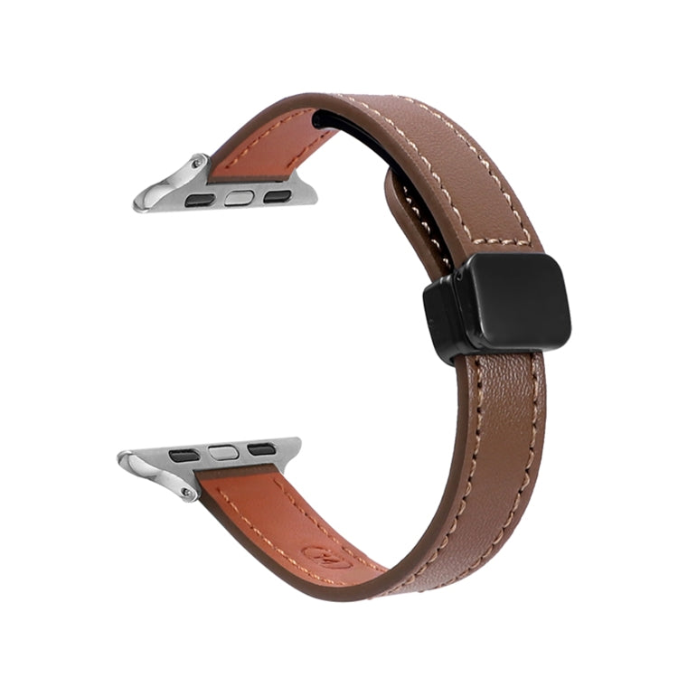 For Apple Watch Series 9 45mm Slim Magnetic Buckle Genuine Leather Watch Band(Plain Coffee) - Watch Bands by PMC TechLife | Online Shopping South Africa | PMC TechLife