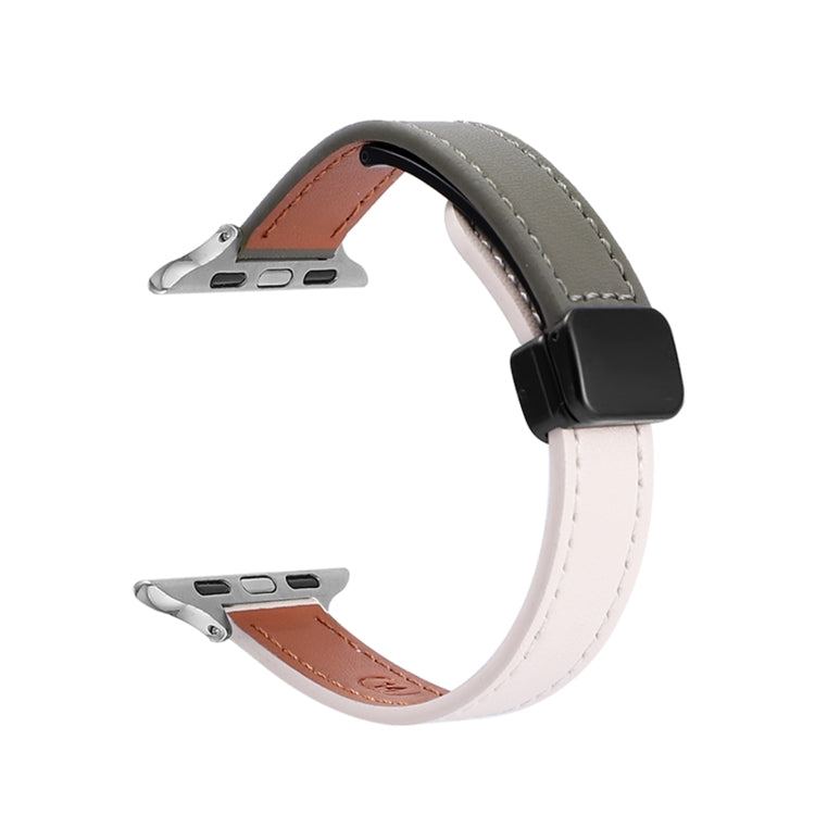 For Apple Watch Series 9 45mm Slim Magnetic Buckle Genuine Leather Watch Band(Plain Beige Green) - Watch Bands by PMC TechLife | Online Shopping South Africa | PMC TechLife