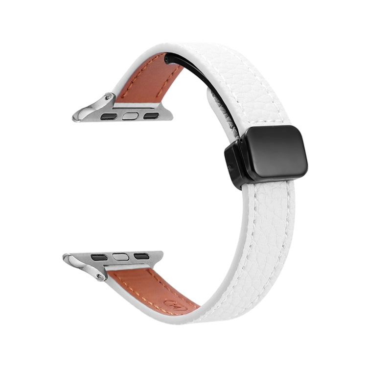 For Apple Watch Series 9 41mm Slim Magnetic Buckle Genuine Leather Watch Band(Litchi Beige) - Watch Bands by PMC TechLife | Online Shopping South Africa | PMC TechLife