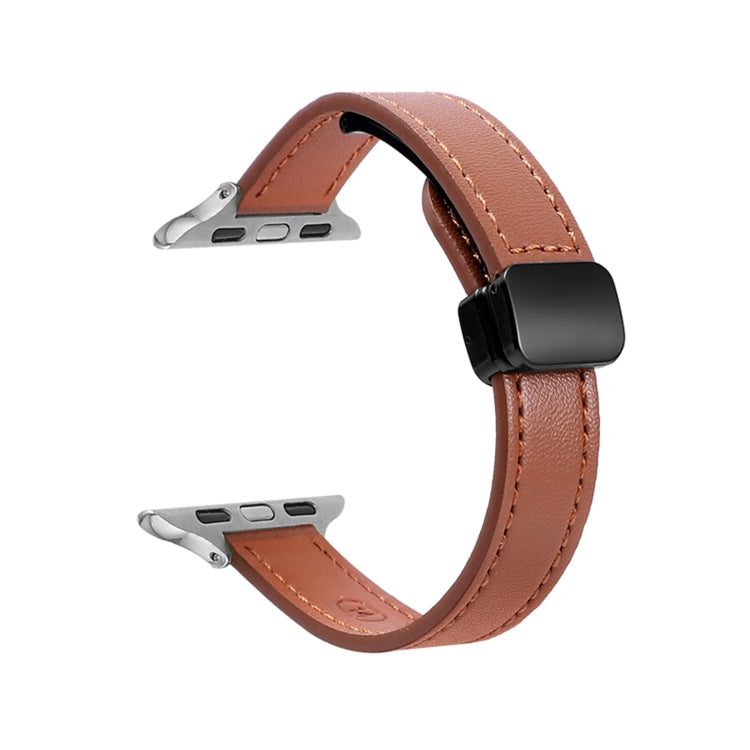For Apple Watch Ultra 49mm Slim Magnetic Buckle Genuine Leather Watch Band(Plain Brown) - Watch Bands by PMC TechLife | Online Shopping South Africa | PMC TechLife