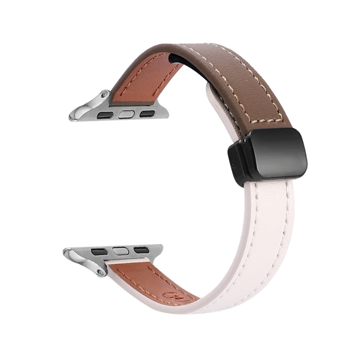 For Apple Watch Ultra 49mm Slim Magnetic Buckle Genuine Leather Watch Band(Plain Beige Coffee) - Watch Bands by PMC TechLife | Online Shopping South Africa | PMC TechLife
