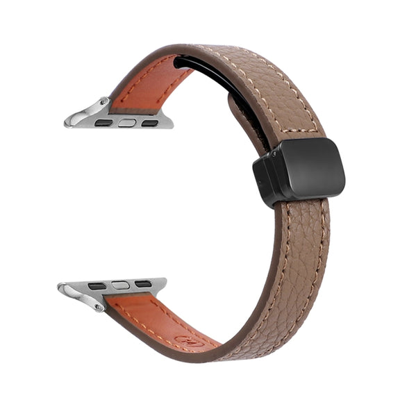 For Apple Watch Ultra 49mm Slim Magnetic Buckle Genuine Leather Watch Band(Litchi Coffee)