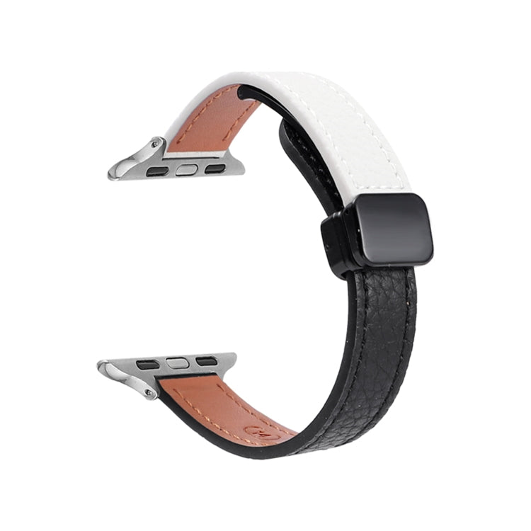 For Apple Watch Series 8 41mm Slim Magnetic Buckle Genuine Leather Watch Band(Litchi Black Beige) - Watch Bands by PMC TechLife | Online Shopping South Africa | PMC TechLife