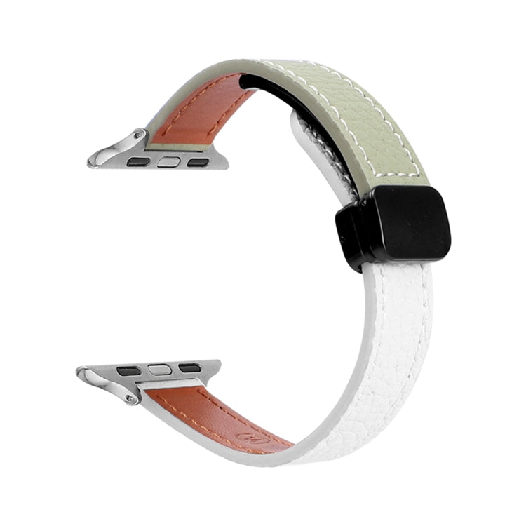 For Apple Watch SE 2022 44mm Slim Magnetic Buckle Genuine Leather Watch Band(Litchi Beige Green) - Watch Bands by PMC TechLife | Online Shopping South Africa | PMC TechLife