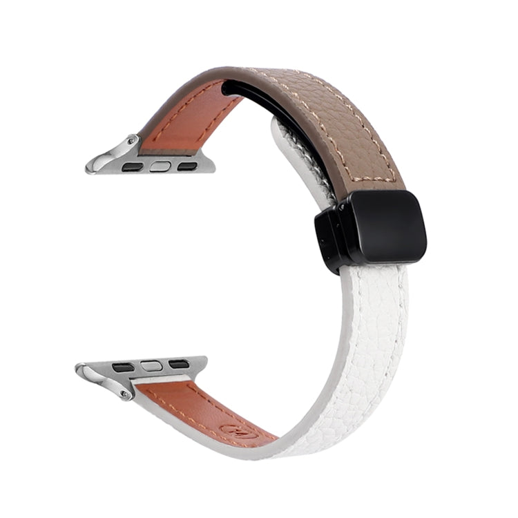 For Apple Watch Series 7 41mm Slim Magnetic Buckle Genuine Leather Watch Band(Litchi Beige Coffee) - Watch Bands by PMC TechLife | Online Shopping South Africa | PMC TechLife
