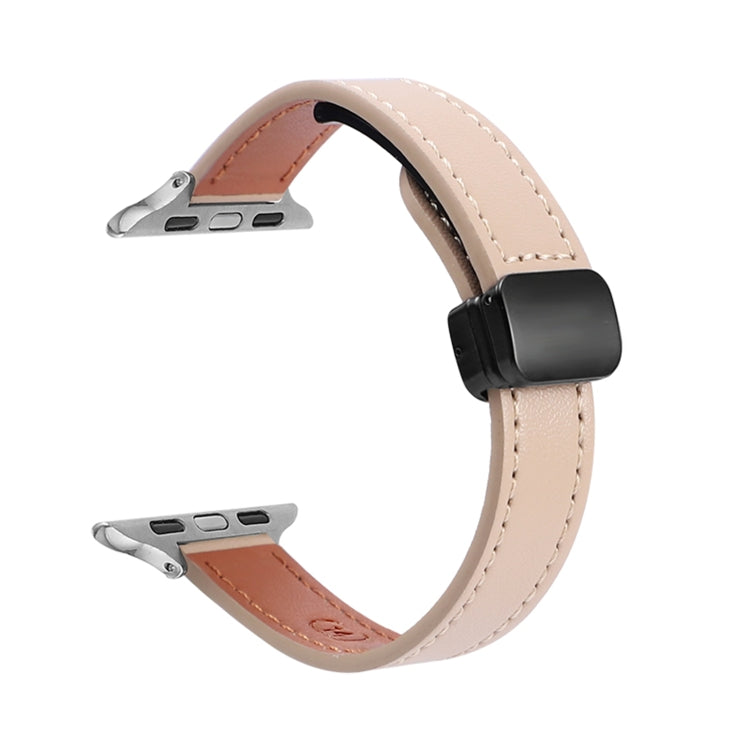 For Apple Watch Series 7 45mm Slim Magnetic Buckle Genuine Leather Watch Band(Plain Apricot) - Watch Bands by PMC TechLife | Online Shopping South Africa | PMC TechLife
