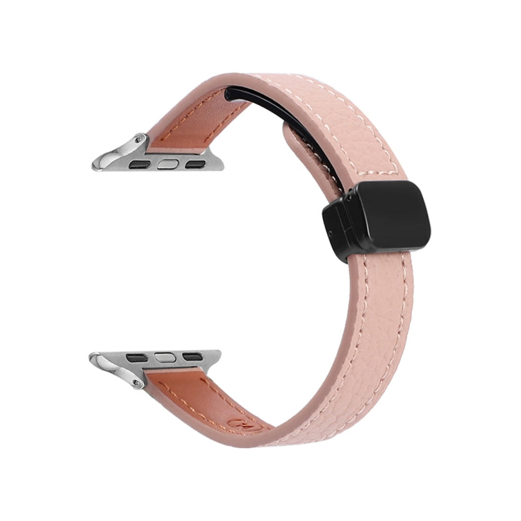 For Apple Watch Series 7 45mm Slim Magnetic Buckle Genuine Leather Watch Band(Litchi Pink) - Watch Bands by PMC TechLife | Online Shopping South Africa | PMC TechLife