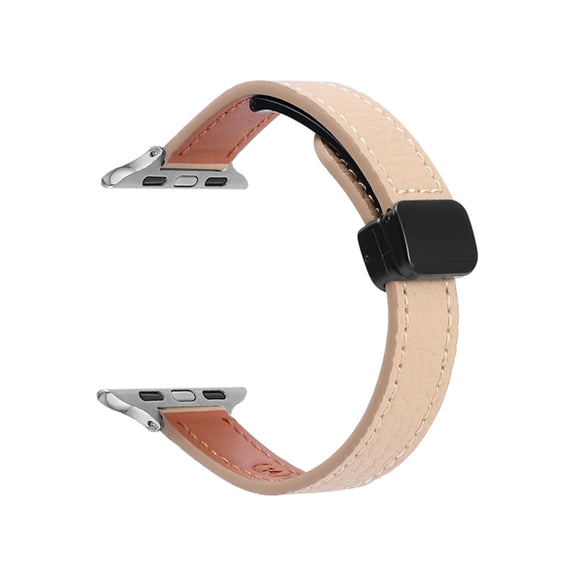 For Apple Watch Series 6 40mm Slim Magnetic Buckle Genuine Leather Watch Band(Litchi Apricot)