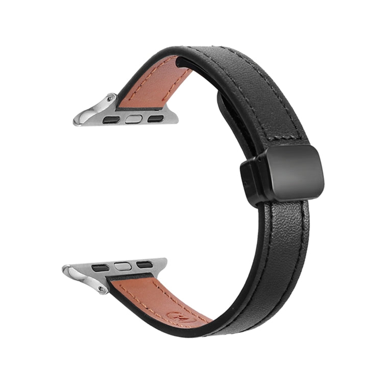 For Apple Watch Series 3 38mm Slim Magnetic Buckle Genuine Leather Watch Band(Plain Black) - Watch Bands by PMC TechLife | Online Shopping South Africa | PMC TechLife