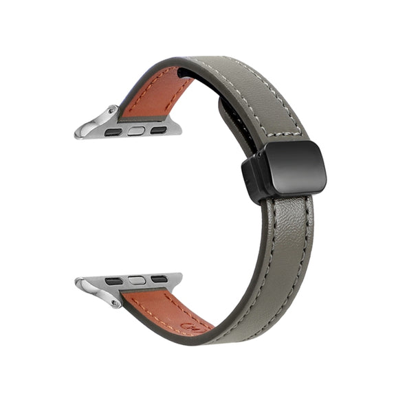 For Apple Watch 42mm Slim Magnetic Buckle Genuine Leather Watch Band(Plain Avocado Green)