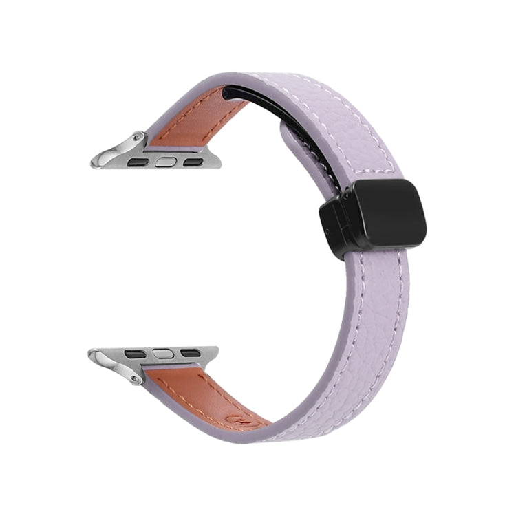 For Apple Watch 42mm Slim Magnetic Buckle Genuine Leather Watch Band(Litchi Lavender) - Watch Bands by PMC TechLife | Online Shopping South Africa | PMC TechLife