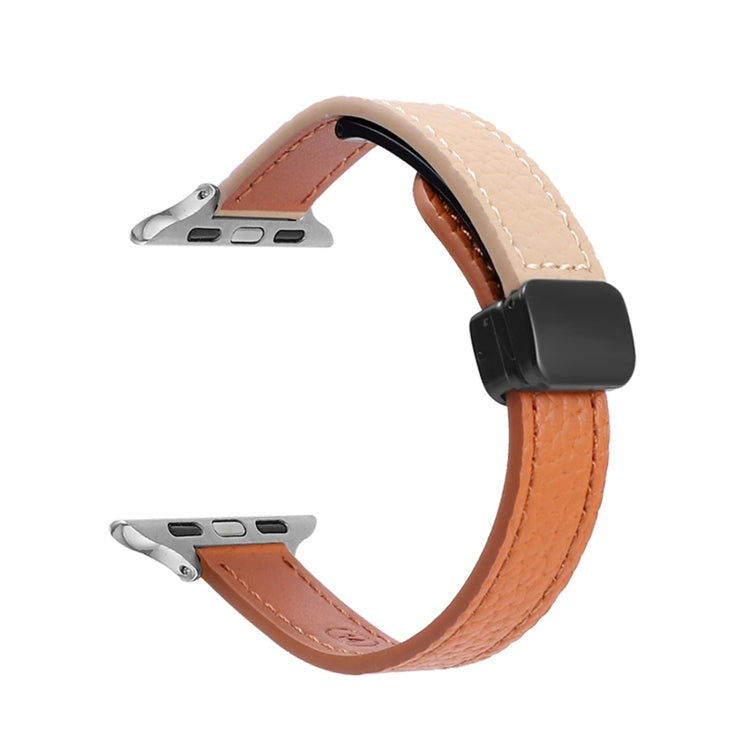 For Apple Watch 38mm Slim Magnetic Buckle Genuine Leather Watch Band(Litchi Orange Apricot) - Watch Bands by PMC TechLife | Online Shopping South Africa | PMC TechLife