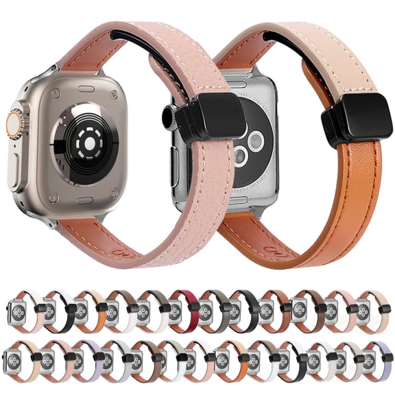 For Apple Watch Ultra 2 49mm Slim Magnetic Buckle Genuine Leather Watch Band(Plain Black)