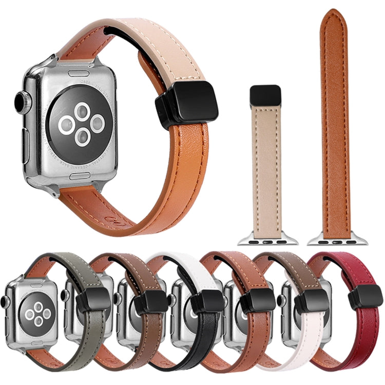 For Apple Watch 42mm Slim Magnetic Buckle Genuine Leather Watch Band(Plain Beige) - Watch Bands by PMC TechLife | Online Shopping South Africa | PMC TechLife