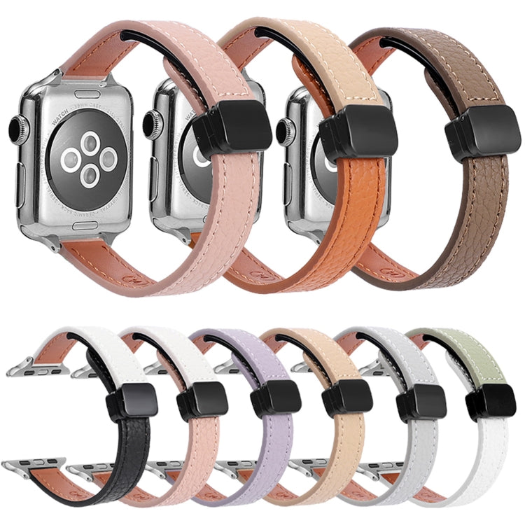 For Apple Watch 42mm Slim Magnetic Buckle Genuine Leather Watch Band(Plain Coffee) - Watch Bands by PMC TechLife | Online Shopping South Africa | PMC TechLife