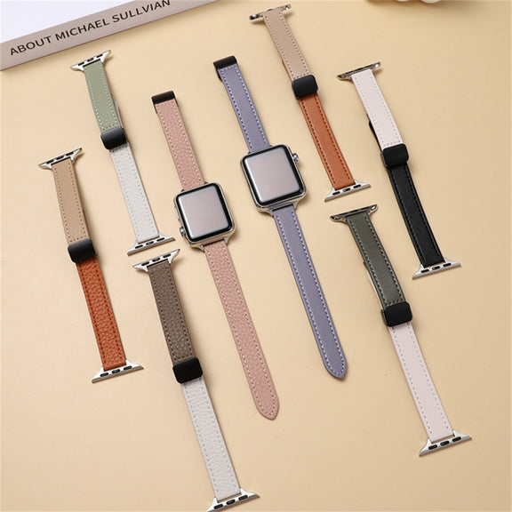 For Apple Watch Ultra 2 49mm Slim Magnetic Buckle Genuine Leather Watch Band(Plain Black)