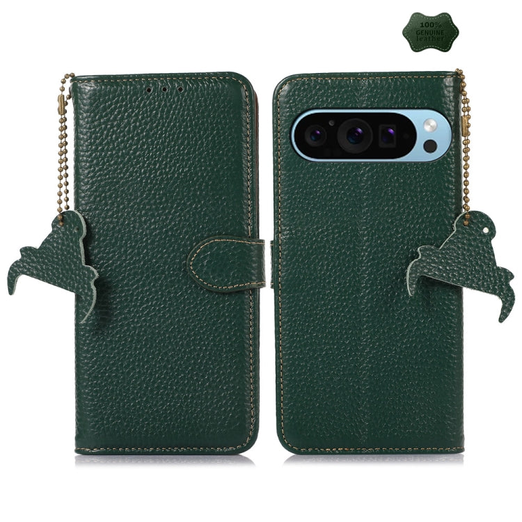 For Google Pixel 9 Genuine Leather Litchi Texture RFID Leather Phone Case(Green) - Google Cases by PMC TechLife | Online Shopping South Africa | PMC TechLife | Buy Now Pay Later Mobicred