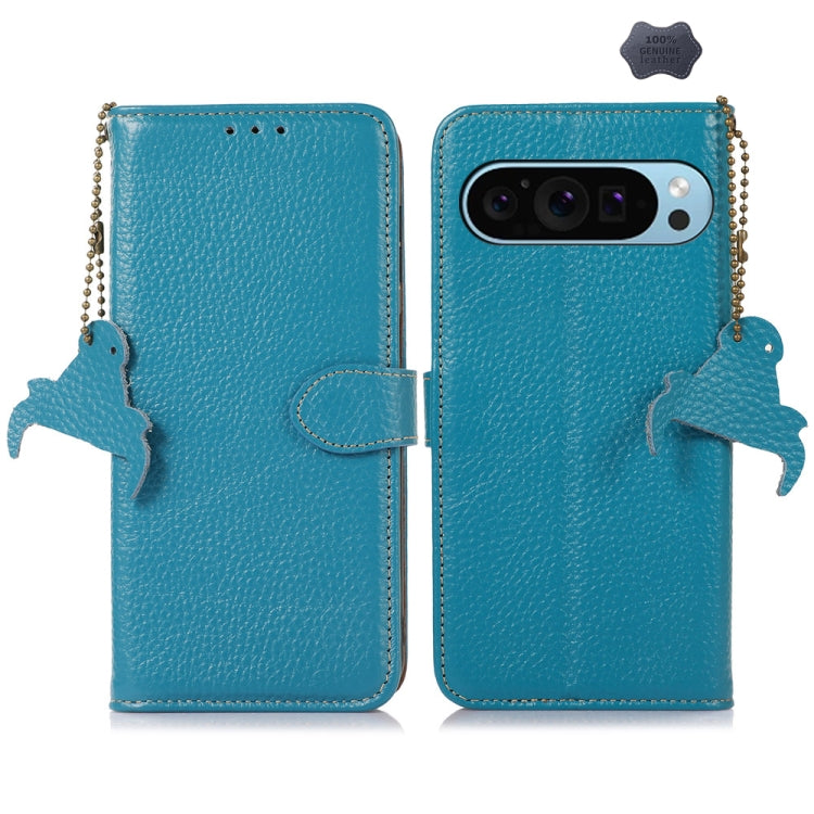 For Google Pixel 10 / 9 Genuine Leather Litchi Texture RFID Leather Phone Case(Blue) - Google Cases by PMC TechLife | Online Shopping South Africa | PMC TechLife | Buy Now Pay Later Mobicred