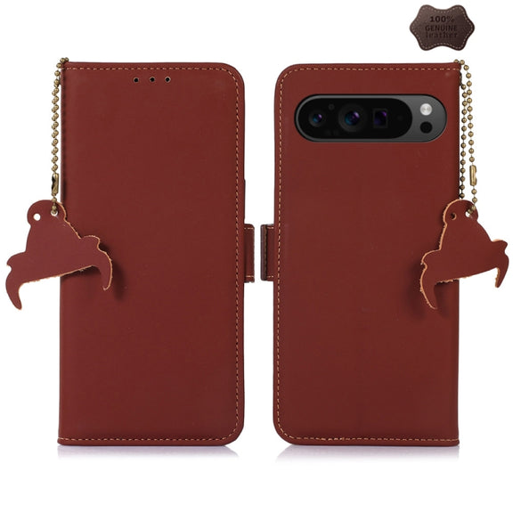 For Google Pixel 9 Pro Genuine Leather Magnetic RFID Leather Phone Case(Coffee)