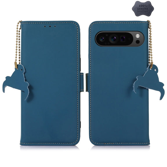 For Google Pixel 9 Pro Genuine Leather Magnetic RFID Leather Phone Case(Blue)