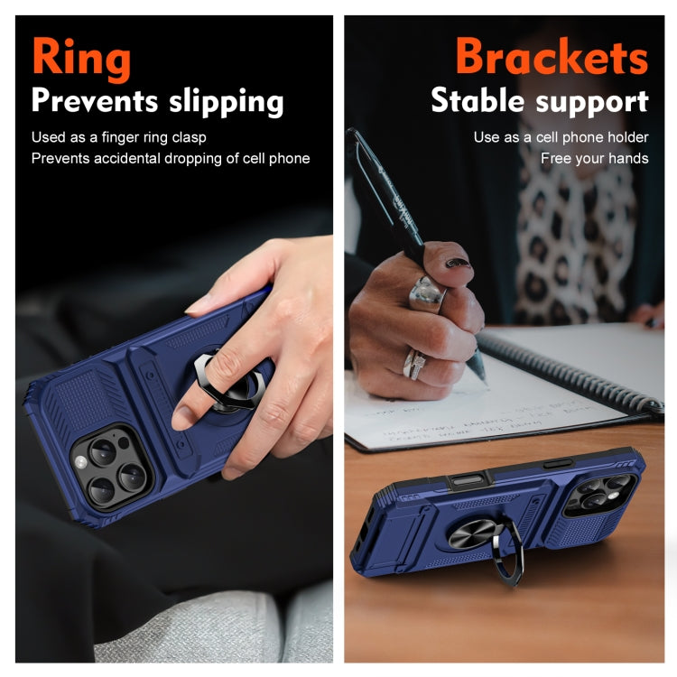 For iPhone 16 Plus TPU+PC Shockproof Card Phone Case with Metal Ring Holder(Blue)