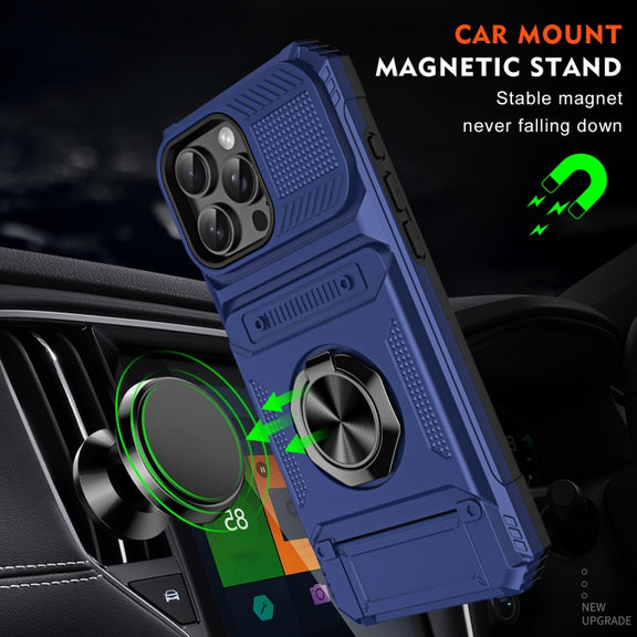 For iPhone 16 Pro TPU+PC Shockproof Card Phone Case with Metal Ring Holder(Blue)