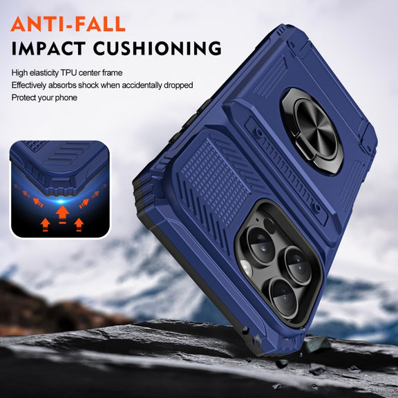 For iPhone 16 Pro TPU+PC Shockproof Card Phone Case with Metal Ring Holder(Blue)