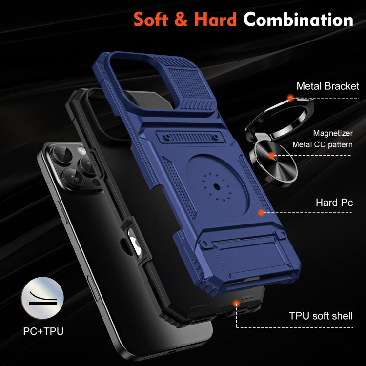 For iPhone 16 Pro TPU+PC Shockproof Card Phone Case with Metal Ring Holder(Blue)