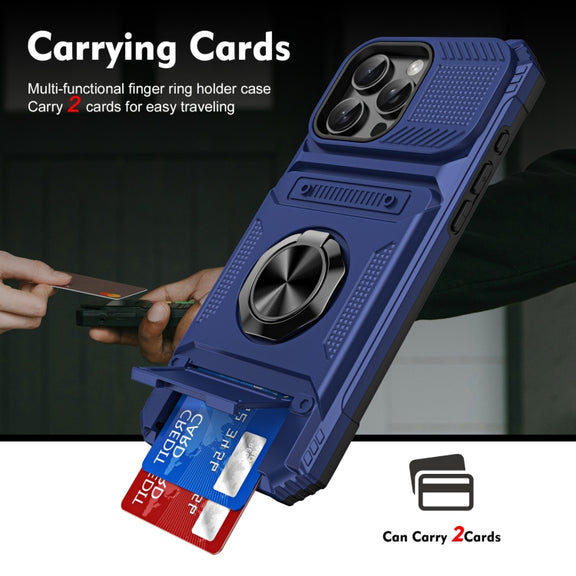 For iPhone 16 Pro TPU+PC Shockproof Card Phone Case with Metal Ring Holder(Blue)