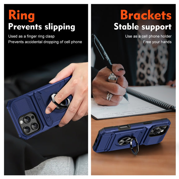 For iPhone 16 Pro TPU+PC Shockproof Card Phone Case with Metal Ring Holder(Blue)