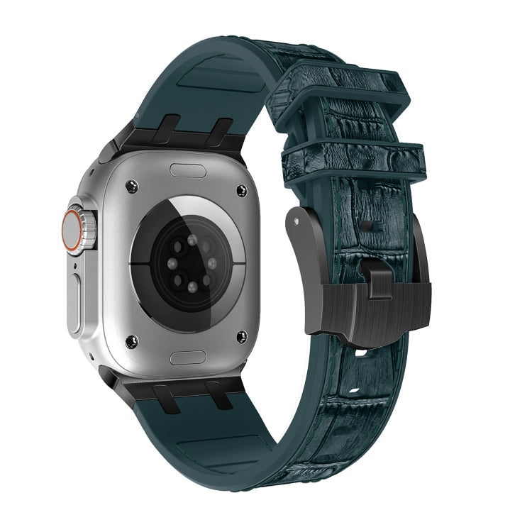 For Apple Watch SE 2023 44mm Crocodile Texture Liquid Silicone Watch Band(Black Deep Green)