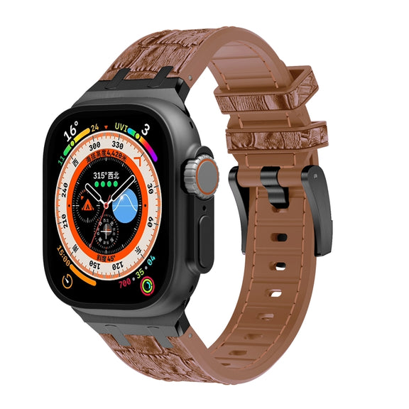 For Apple Watch Ultra 2 49mm Crocodile Texture Liquid Silicone Watch Band(Black Yellow Brown)