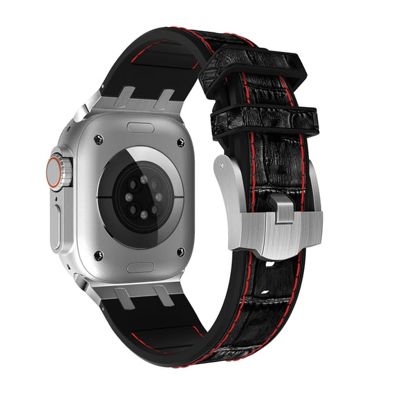 For Apple Watch Ultra 2 49mm Crocodile Texture Liquid Silicone Watch Band(Silver Red Black)