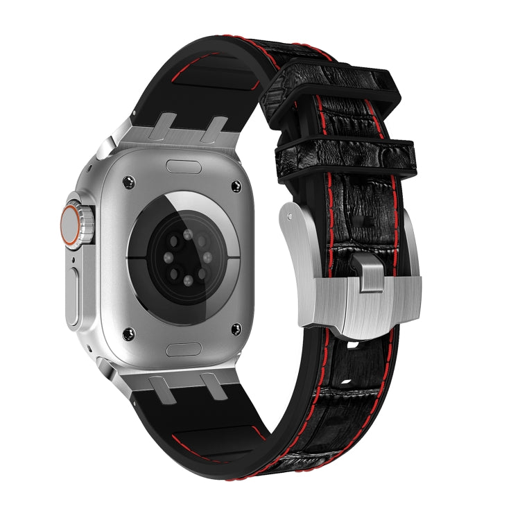 For Apple Watch Ultra 2 49mm Crocodile Texture Liquid Silicone Watch Band(Silver Red Black)