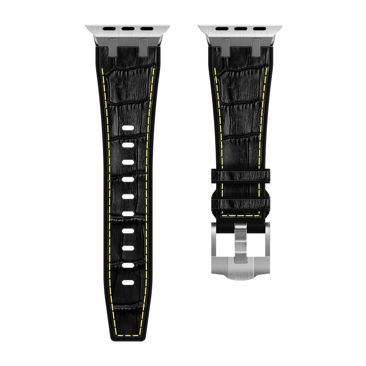 For Apple Watch Ultra 2 49mm Crocodile Texture Liquid Silicone Watch Band(Silver Yellow Black)