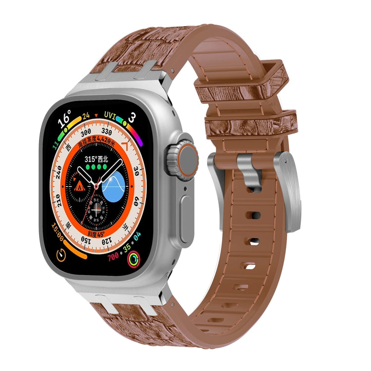 For Apple Watch Ultra 2 49mm Crocodile Texture Liquid Silicone Watch Band(Silver Yellow Brown) - Watch Bands by PMC TechLife | Online Shopping South Africa | PMC TechLife