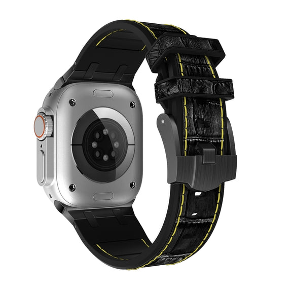 For Apple Watch Series 9 45mm Crocodile Texture Liquid Silicone Watch Band(Black Yellow Black)