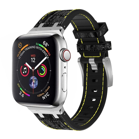 For Apple Watch Series 9 45mm Crocodile Texture Liquid Silicone Watch Band(Silver Yellow Black)