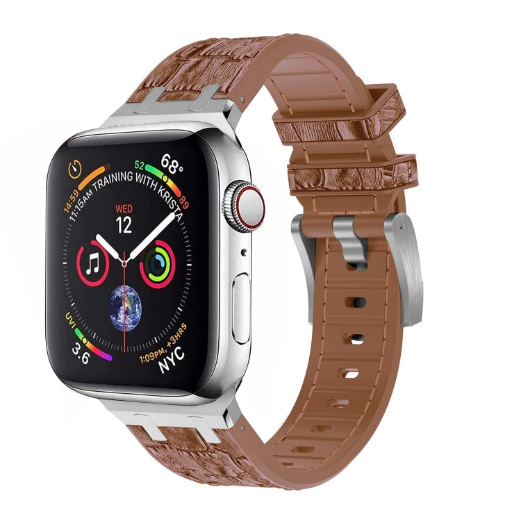 For Apple Watch Series 9 45mm Crocodile Texture Liquid Silicone Watch Band(Silver Yellow Brown) - Watch Bands by PMC TechLife | Online Shopping South Africa | PMC TechLife