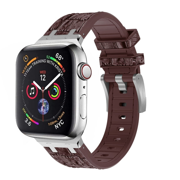 For Apple Watch Series 9 45mm Crocodile Texture Liquid Silicone Watch Band(Silver Dark Brown)